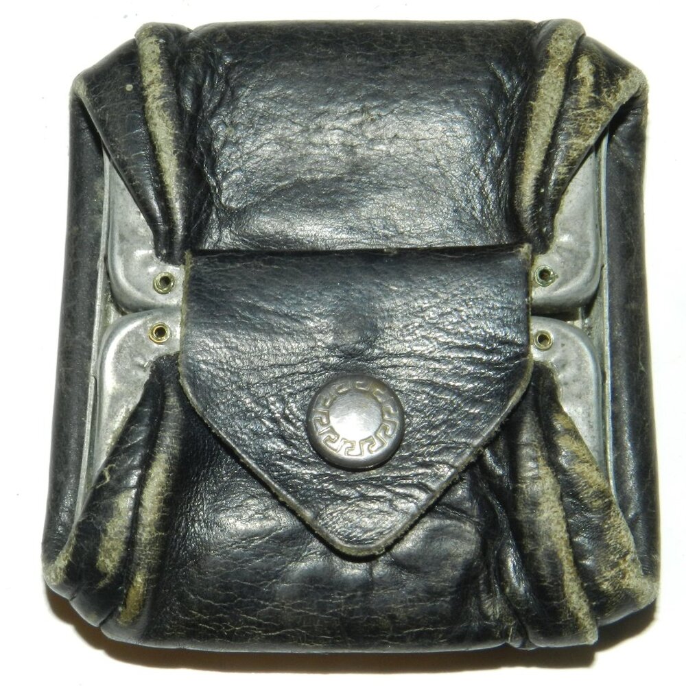 1920s Antique Brown  Leather Folding Coin Purse Center Snap Metal Frame Hinged